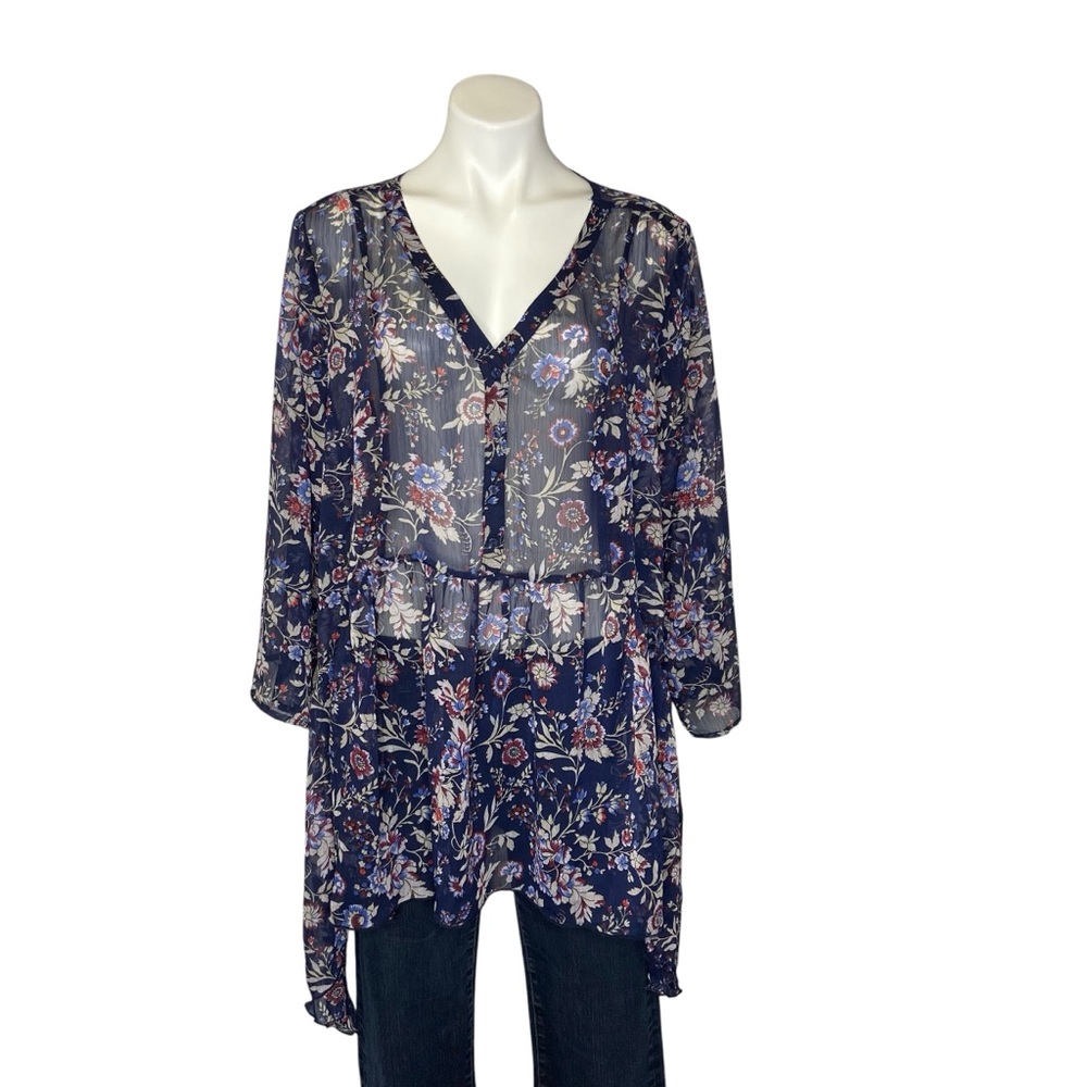 LANE BRYANT Sheer Floral Blouse V Neck Long Sleeves Sharkbite Hem NWT Blue 22/24